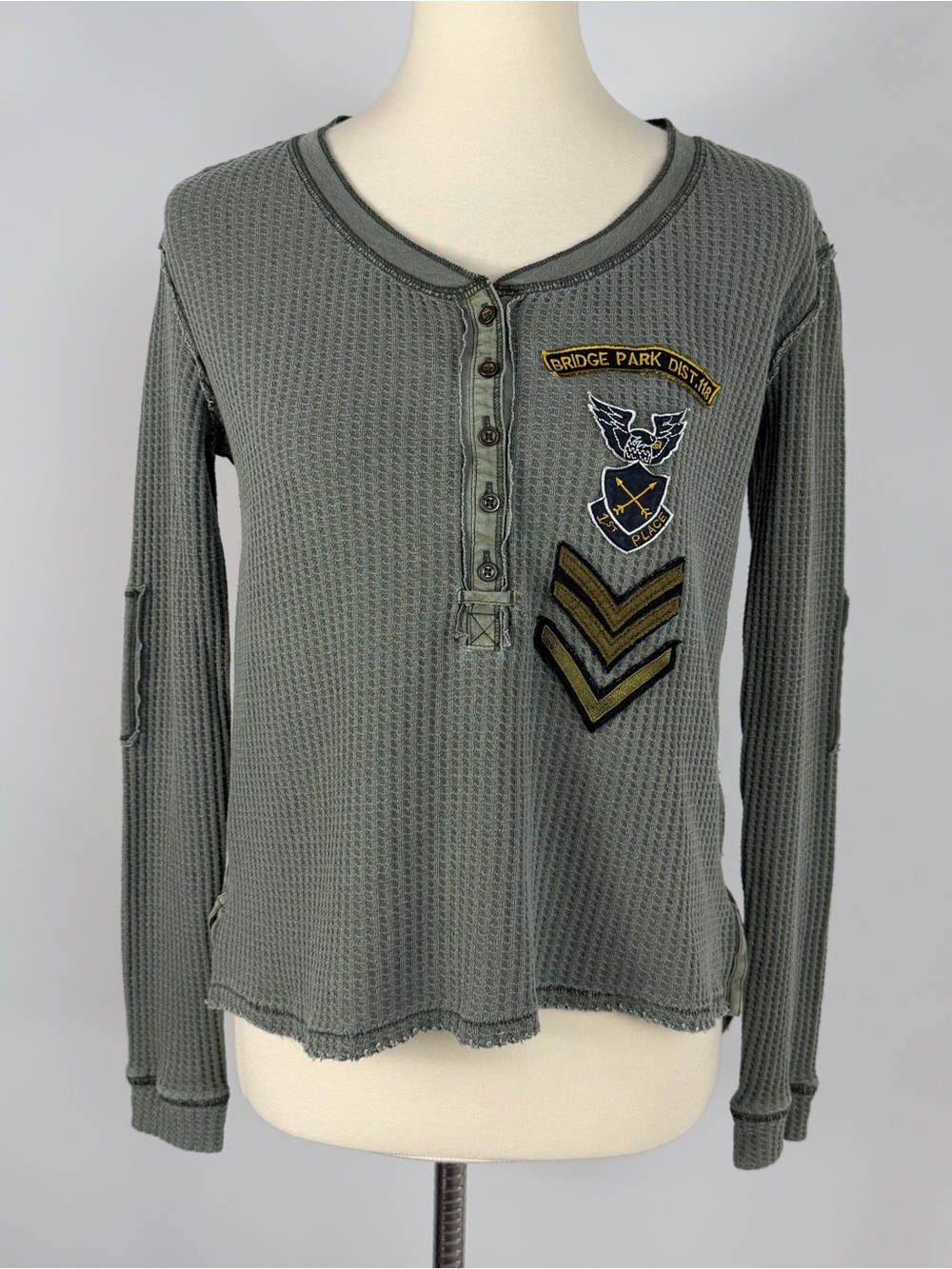 Free People We The Free Bridge Park Military Thermal Green Waffle Knit Top XS